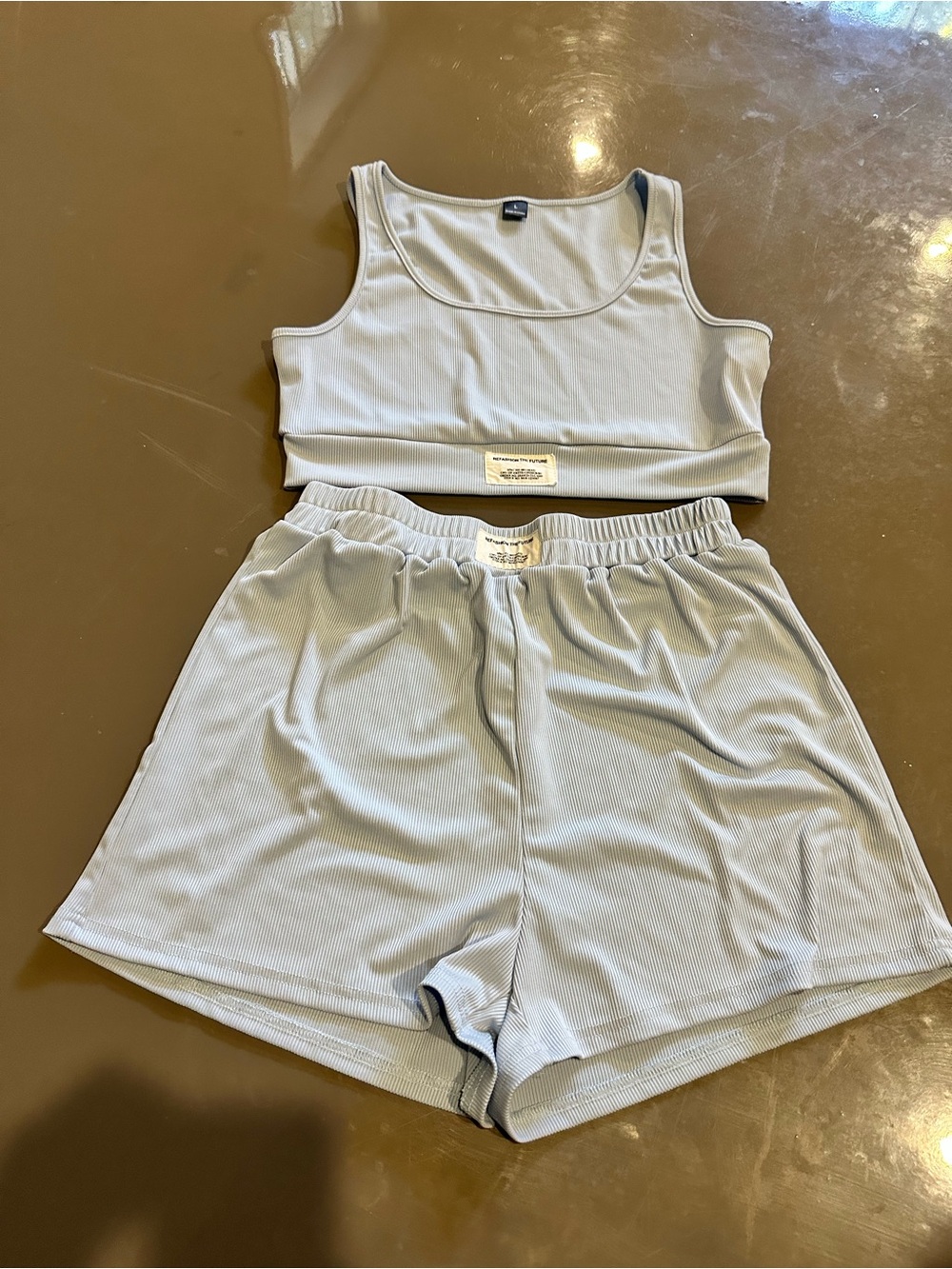 Ribbed Light Blue Lounge Crop Tank & Shorts Set - Picture 1 of 4